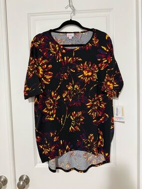 LuLaRoe Black Floral Tunic with Yellow & Red Daisy Motif